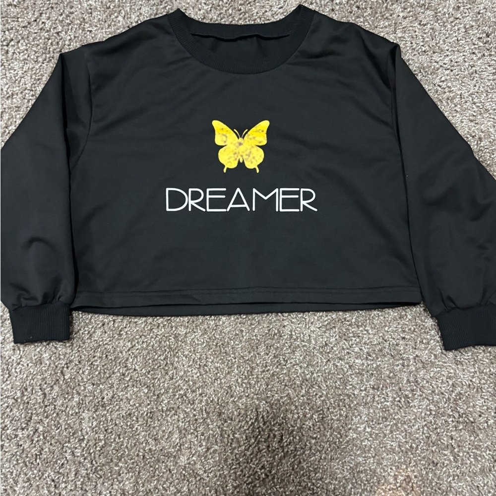 Black Cropped Sweatshirt with Yellow Butterfly